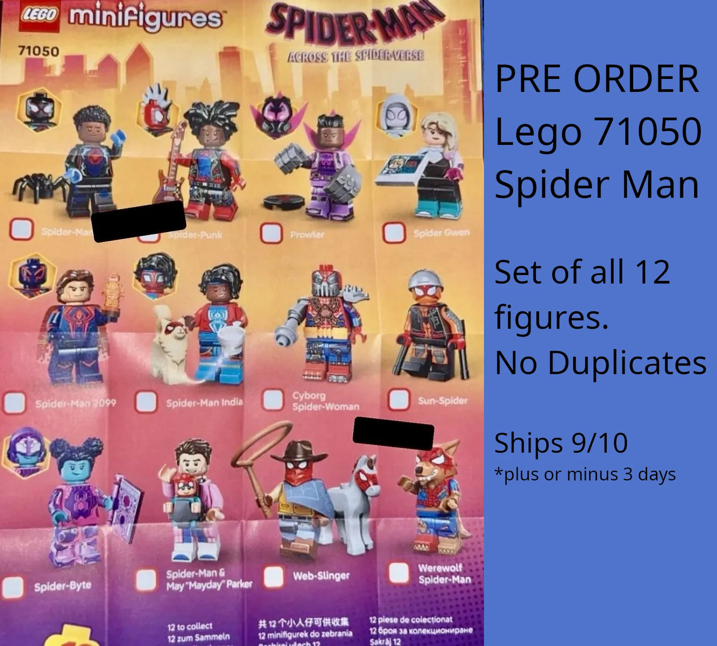 PRE-ORDER Lego 71050 Minifigures Spiderman Across the Spider Verse Set of all 12 figures - Free shipping